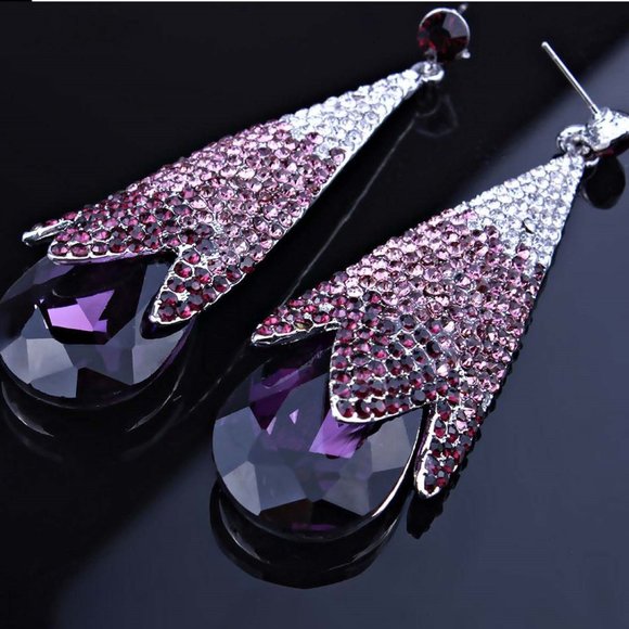 LAST ONE!  Water Drop Swarovski Crystal Earrings - Purple - Picture 2 of 4